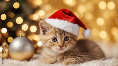 Obraz na płótnie A red little kitten in a Santa hat against a background of golden bokeh and Christmas lights. Christmas cat w salonie