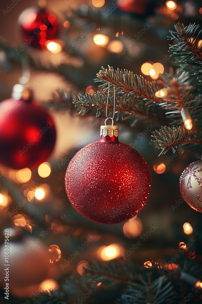 Red ornament on festive Christmas tree with glowing lights Red ornament on festive Christmas tree with glowing lights