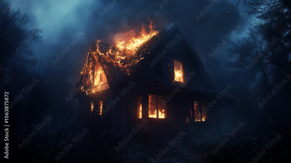 Na tle nocnego nieba, dom w ogniu zrzuca złowrogie cienie na otaczającą go przestrzeń. Płomienie wydobywają się z okien i dachu, a dym wznosi się w powietrze, tworząc atmosferę chaosu i strachu. Na tle nocnego nieba, dom w ogniu zrzuca złowrogie cienie na otaczającą go przestrzeń. Płomienie wydobywają się z okien i dachu, a dym wznosi się w powietrze, tworząc atmosferę chaosu i strachu.