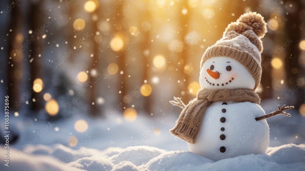 Merry christmas and happy new year greeting card with copy-space.Happy snowman standing in winter christmas landscape.Snow background