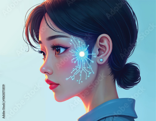 vector of a woman cyborg with a glowing circuit on her face on the blue background