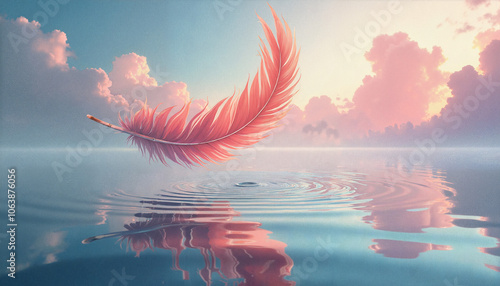 Delicate pink feather floating on calm water surface with pastel sky reflections