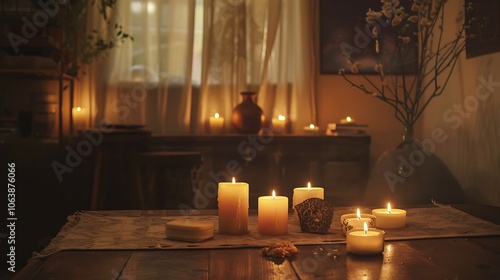 A serene, candlelit room with a rustic wooden table set for quiet meditation, journaling, and solstice reflection, creating a warm, peaceful atmosphere. photo