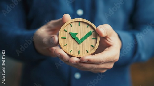 Wallpaper Mural Businessman shows wooden watch, emphasizing time distribution. Torontodigital.ca