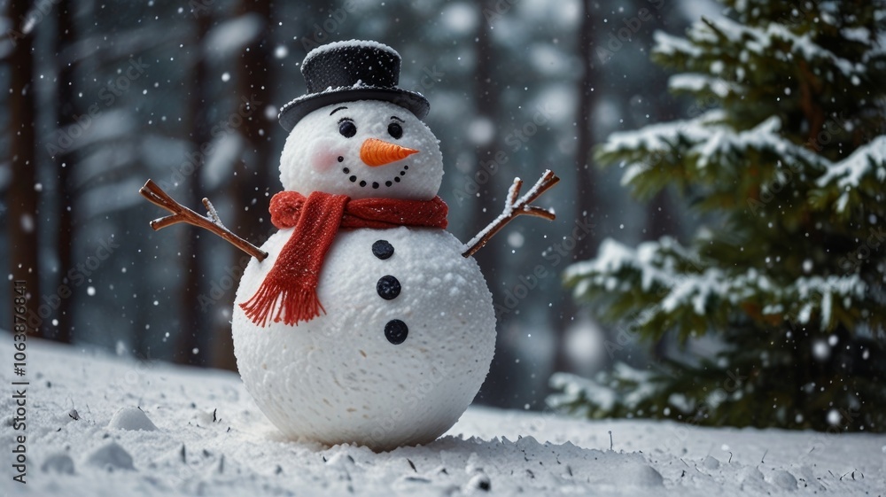 Happy cartoon snowman standing in a winter Christmas landscape. Merry Christmas and Happy New Year card with copy space. Snow background