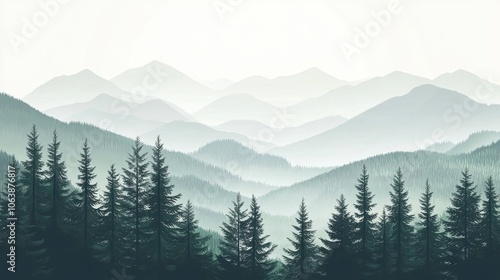 Serene mountain landscape with lush green pine trees and misty hills in the background, creating a tranquil atmosphere.