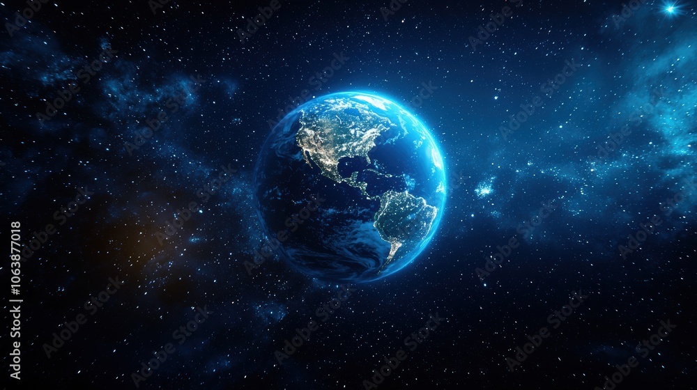 Detailed view of Earth in space, illuminated by distant stars, vivid blue tones. Detailed view of Earth in space, illuminated by distant stars, vivid blue tones.
