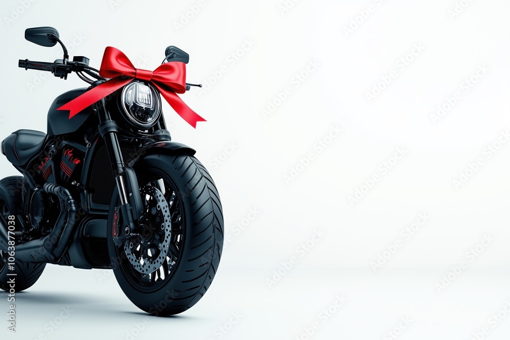 A sleek motorcycle adorned with a vibrant red bow ready for the ultimate gift on a clean backdrop A sleek motorcycle adorned with a vibrant red bow ready for the ultimate gift on a clean backdrop