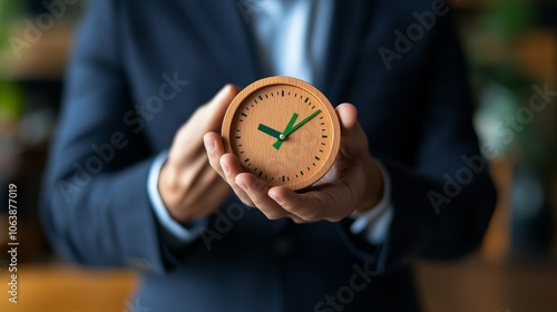Close-up of businessman with wooden watch as symbol of fast service.