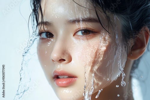 Asian young woman with water droplets on her face