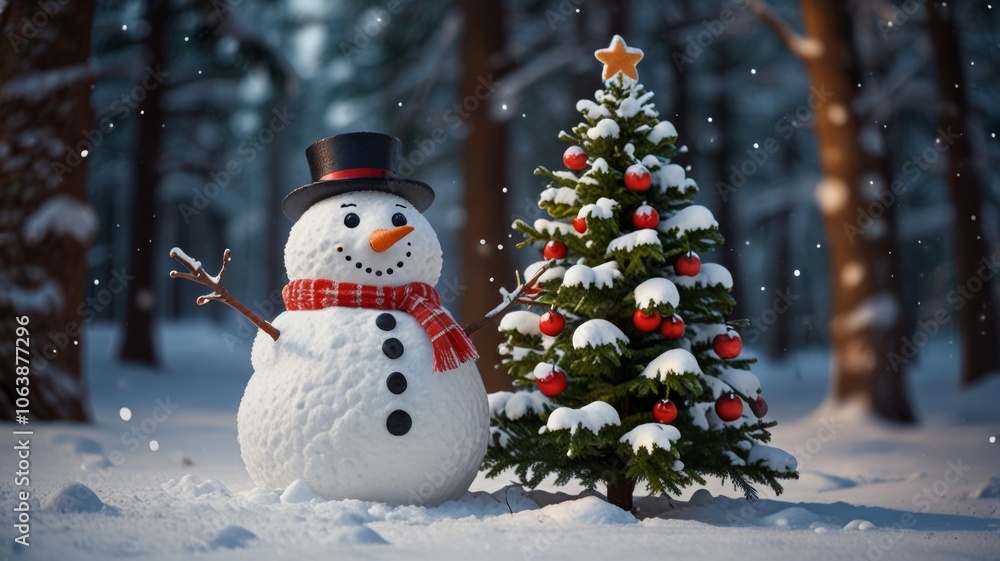 Merry christmas and happy new year greeting card with copy-space.Happy snowman standing in winter christmas landscape.Snow background