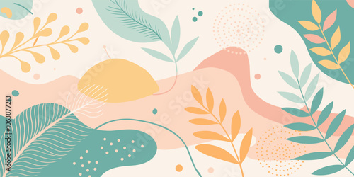 Pastel colored leaves and organic shapes intertwine on a soft background, creating a modern and stylish abstract design perfect for various creative projects