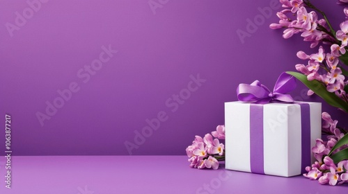 Gift box with purple ribbon beside blooming flowers on a purple background.