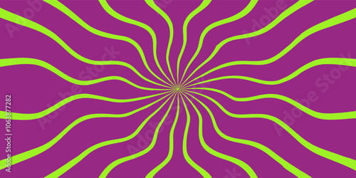 Green wavy stripes are radiating from the center on a vibrant purple background, creating a dynamic sunbeam or starburst effect, perfect for abstract backgrounds and designs