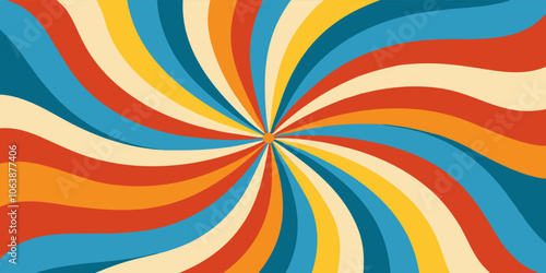 Colorful retro swirl background with vibrant spiral pattern, perfect for vintage or psychedelic designs. Mesmerizing and groovy, evoking 60s and 70s pop art. Ideal for posters, banners, or templates