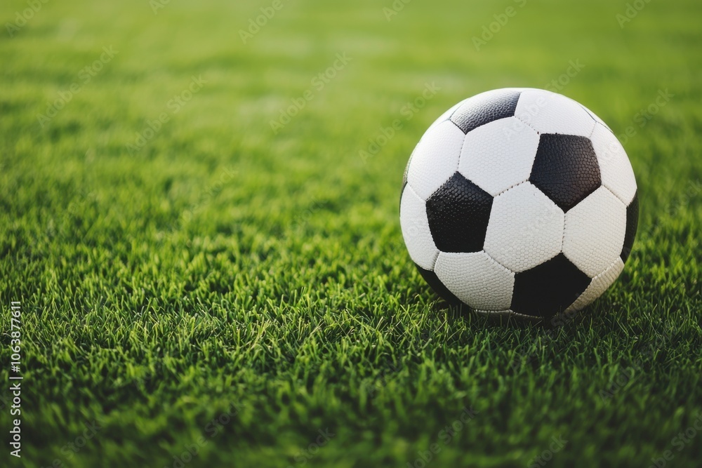 Soccer ball resting on green grass field under natural light. Soccer ball resting on green grass field under natural light.