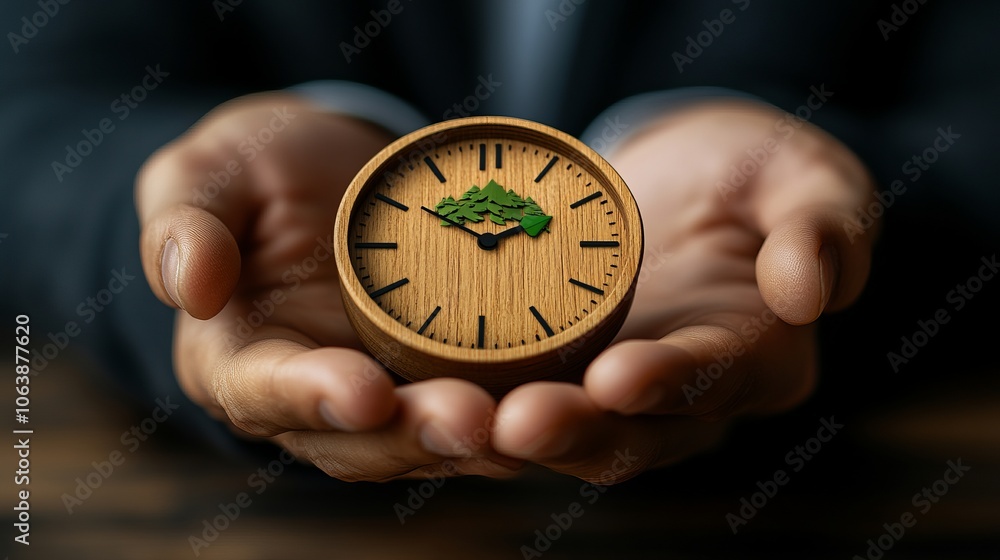 Hand holding wooden watch symbolizes efficiency and time management. Hand holding wooden watch symbolizes efficiency and time management.