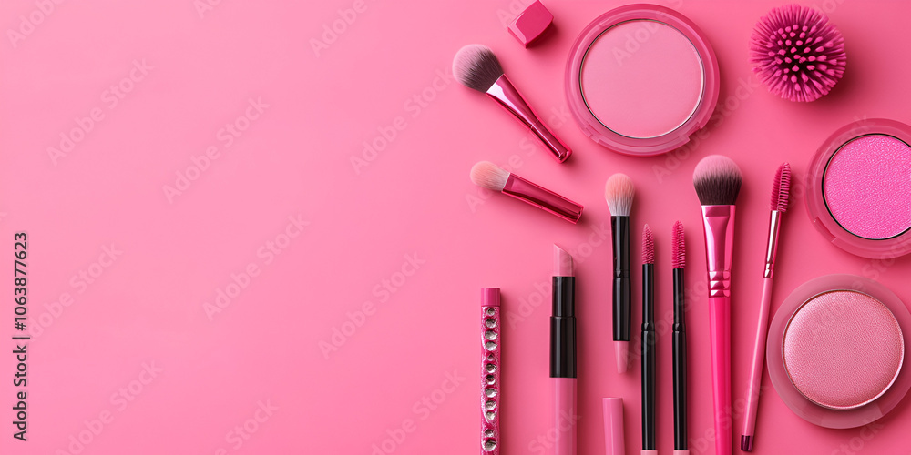 Makeup Items Laid Out on Pink Background Makeup Items Laid Out on Pink Background