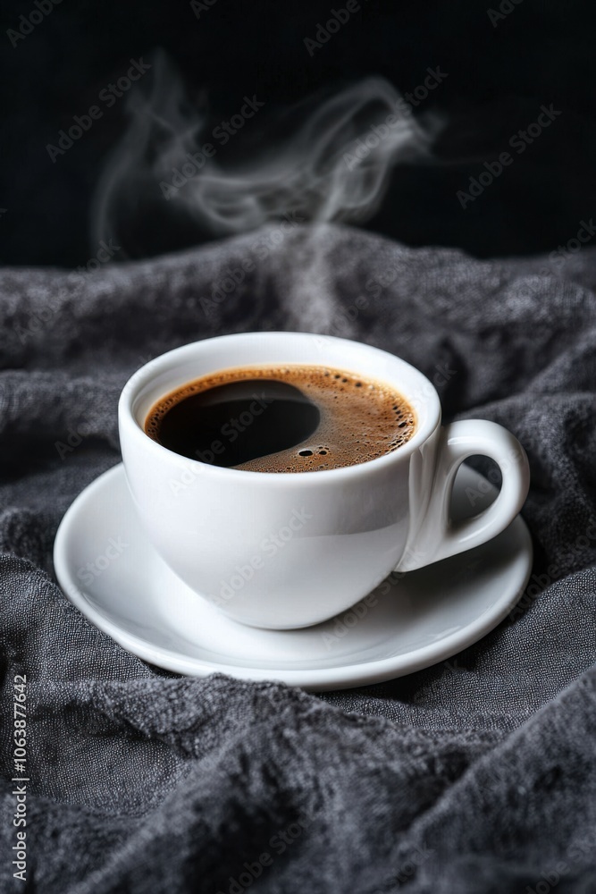 Steaming coffee cup on soft fabric, dark background, cozy atmosphere.