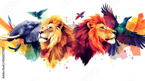 Colorful Abstract Animal Portrait with Lions, Elephant, and Birds. photo