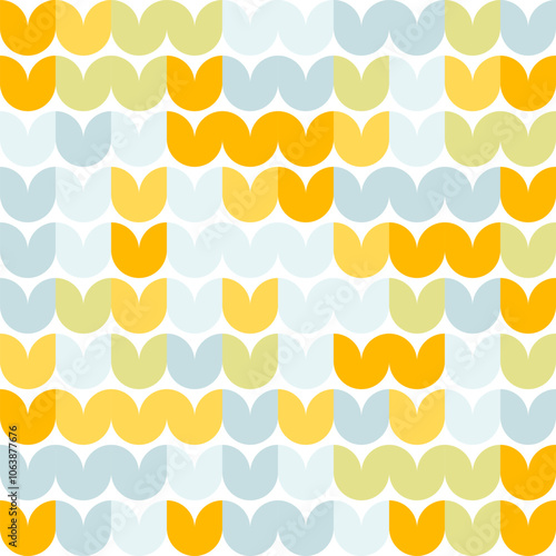 Abstract orange yellow and blue color geometric spring tulip seamless pattern for background, fabric, textile, wrap, surface, web and print design. Decorative retro style colorful floral rapport.