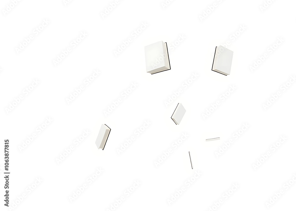 A collection of flying books is depicted in isolation against a plain white background A collection of flying books is depicted in isolation against a plain white background