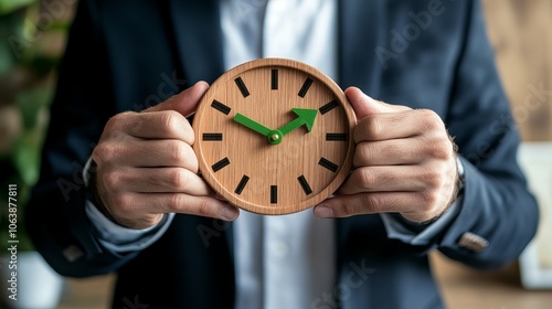Wallpaper Mural Clock icon with a green arrow between a businessman’s fingers against an office backdrop. Torontodigital.ca