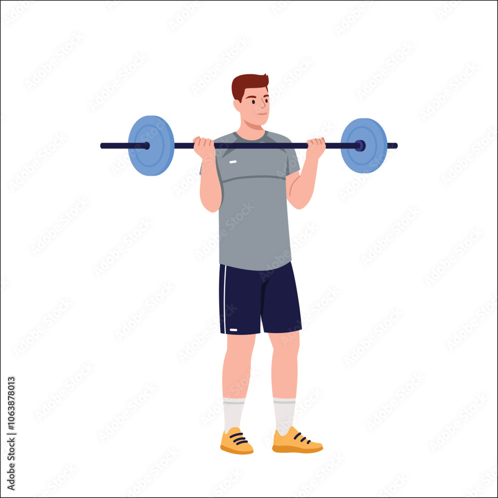 Vector illustration of a sports man holding a barbell in his hands. Cartoon scene of a guy doing exercises with a barbell isolated on a white background. Training in the gym. Muscle strengthening. Vector illustration of a sports man holding a barbell in his hands. Cartoon scene of a guy doing exercises with a barbell isolated on a white background. Training in the gym. Muscle strengthening.