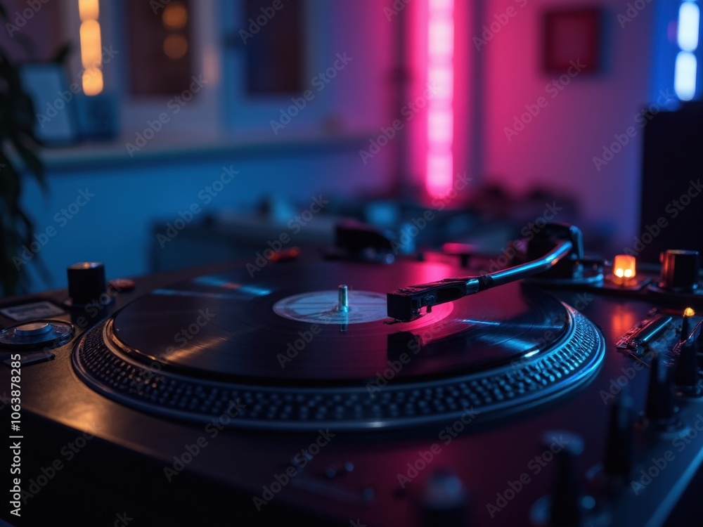 Turntable Setup in a Cozy Music Studio During a Vibrant Dusk With Colorful Ambient Lighting Turntable Setup in a Cozy Music Studio During a Vibrant Dusk With Colorful Ambient Lighting