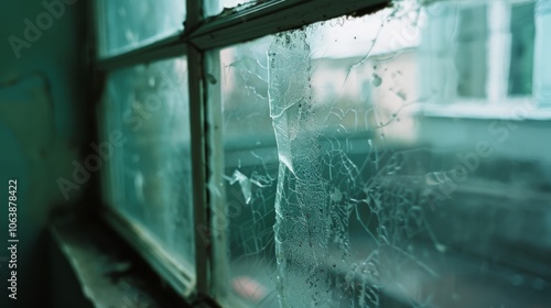 A cracked window with intricate spiderweb patterns stands starkly against a blurred backdrop, hinting at untold stories within. photo