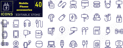 set of line web icons Mobile phone accessories. Charging; Cables; Headphones icons 