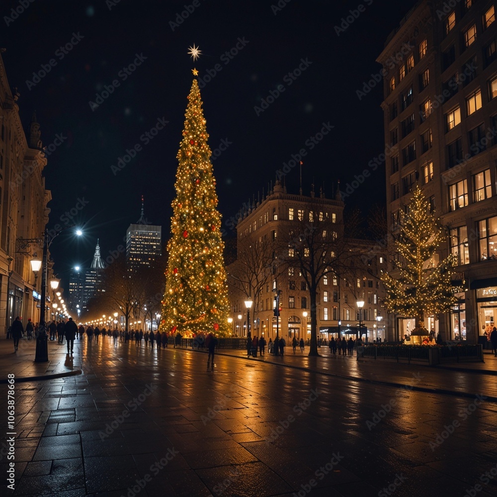 Fototapeta premium city ​​at night with big christmas tree