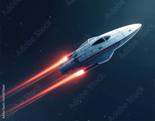 vector of a space ship with glowing red lights trails on the tail side with stars on dark night sky