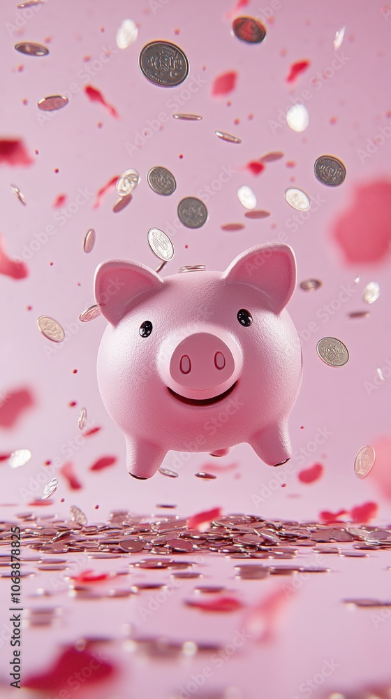 A whimsical pink piggy bank receiving coins amid a cheerful, minimalistic setting A whimsical pink piggy bank receiving coins amid a cheerful, minimalistic setting