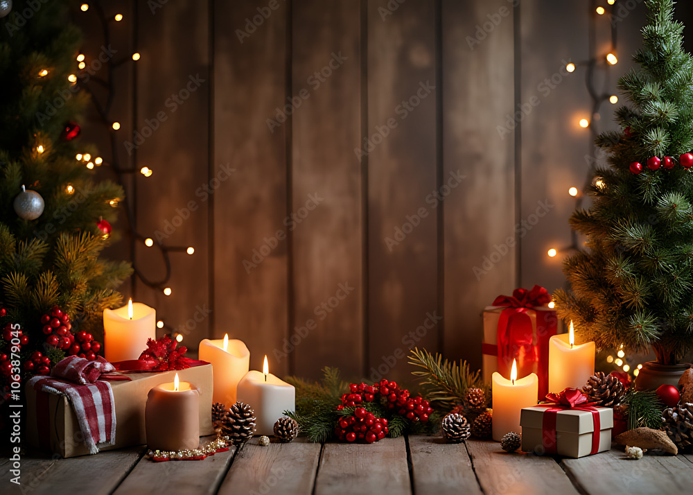 A classic Christmas scene featuring traditional decorations on a wooden backdrop surrounded by soft candlelight and festive gifts A classic Christmas scene featuring traditional decorations on a wooden backdrop surrounded by soft candlelight and festive gifts