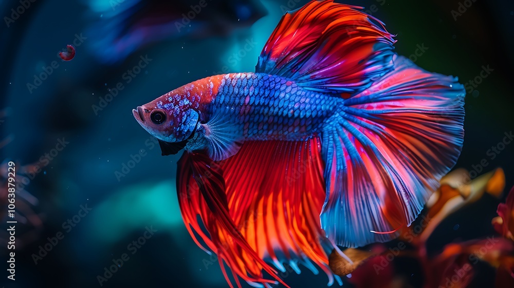 A stunning close-up of a vibrant beta fish with flowing fins in vivid blues, reds, and purples, set against a dark contrasting background, showcasing its striking beauty. A stunning close-up of a vibrant beta fish with flowing fins in vivid blues, reds, and purples, set against a dark contrasting background, showcasing its striking beauty.