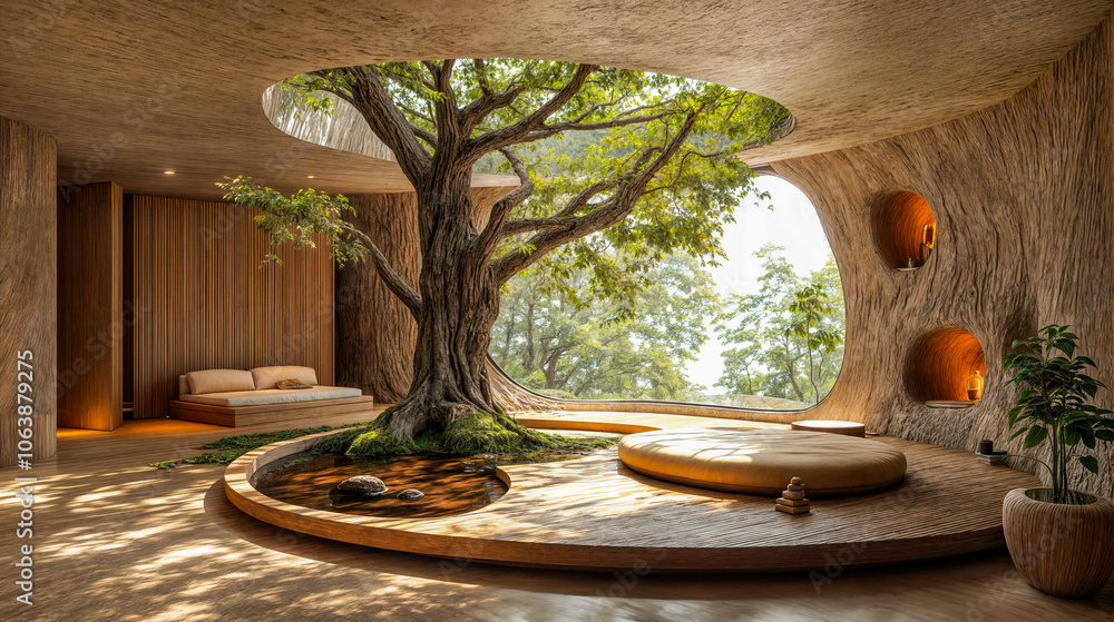 Fototapeta premium Maison luxueuse, zen et moderne avec une terrasse construite autour d'un arbre