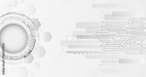 Vector illustration of circles and lines with shadows. Abstract futuristic communication. Hi-tech grey background with various technology elements.