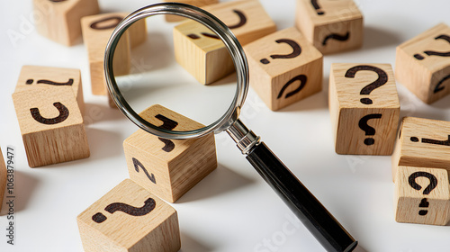 magnifying glass and stack of question mark wood cubes, analyze the questions, faqs, and questions that need the answer highlighted by white, space for captions, png photo