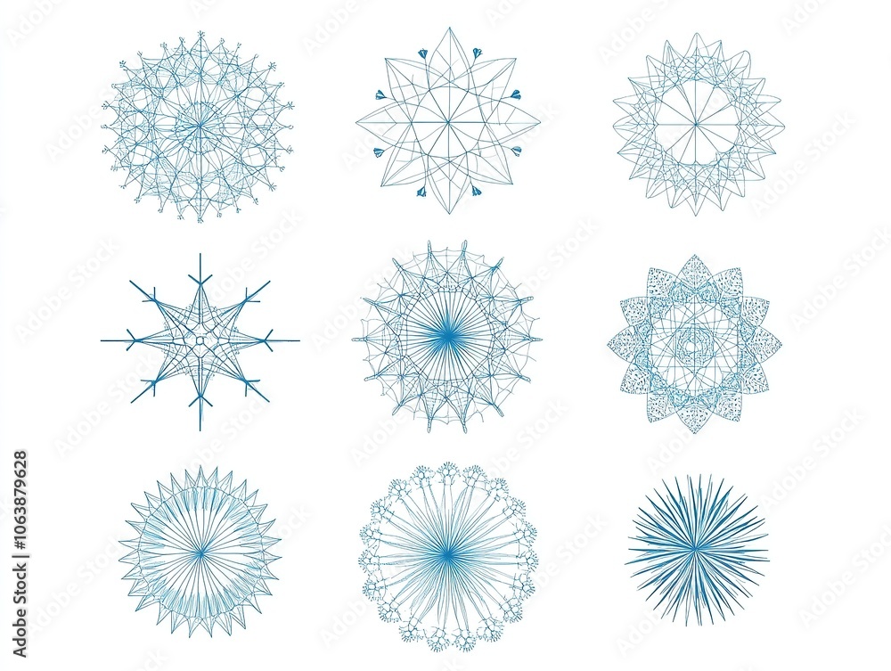Set of geometric mandala designs in blue on white background. Set of geometric mandala designs in blue on white background.