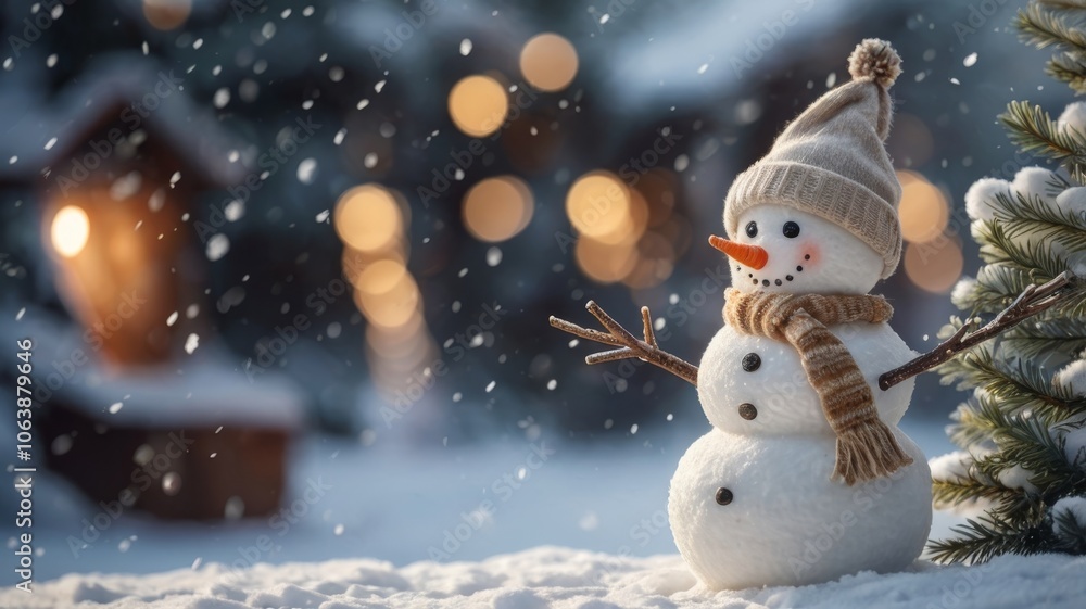 Happy cartoon snowman standing in a winter Christmas landscape. Merry Christmas and Happy New Year card with copy space. Snow background