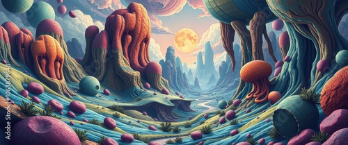 A Surreal Landscape with Organic Formations and a Large Moon