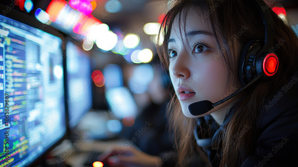 Asian employees bustling call center engage clients using headsets while analyzing dynamic data screens evening environment artificial lighting Asian employees bustling call center engage clients using headsets while analyzing dynamic data screens evening environment artificial lighting