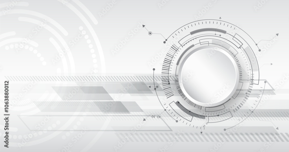 Abstract gray futuristic background consisting of printed circuit board circles and other technological elements. Digital communication, data protection, high tech presentation, science cover. Abstract gray futuristic background consisting of printed circuit board circles and other technological elements. Digital communication, data protection, high tech presentation, science cover.