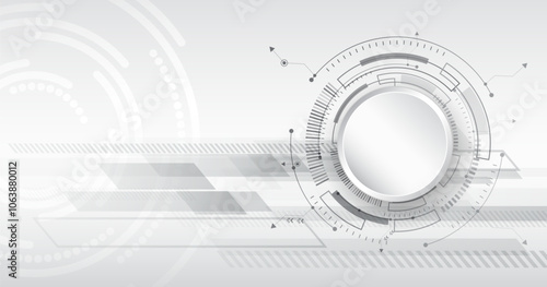 Abstract gray futuristic background consisting of printed circuit board circles and other technological elements. Digital communication, data protection, high tech presentation, science cover.
