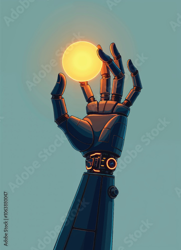 vector of a black robot arm with glowing circuits on it and holding bright orange orb on it