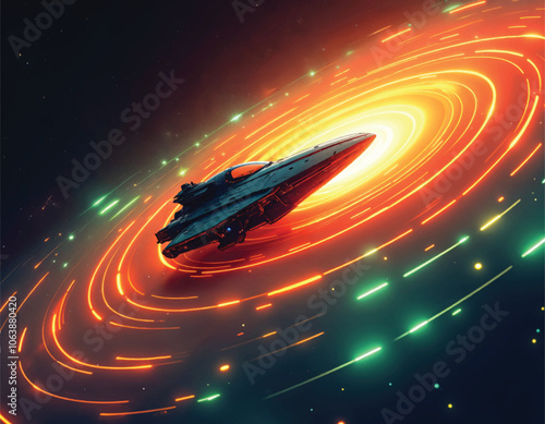 vector of a spaceship is flying in a glowing circle with stars and swirling lines of nebula on it