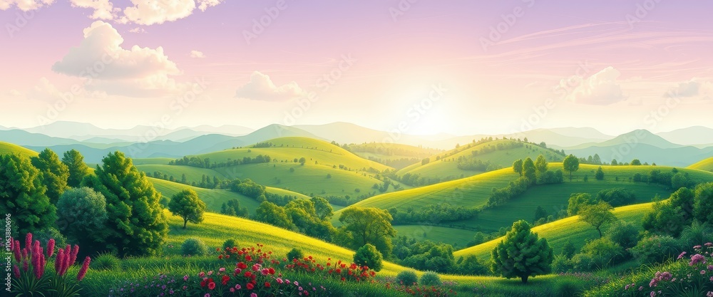 Sunlit Rolling Hills with Blooming Flowers and Green Trees Sunlit Rolling Hills with Blooming Flowers and Green Trees