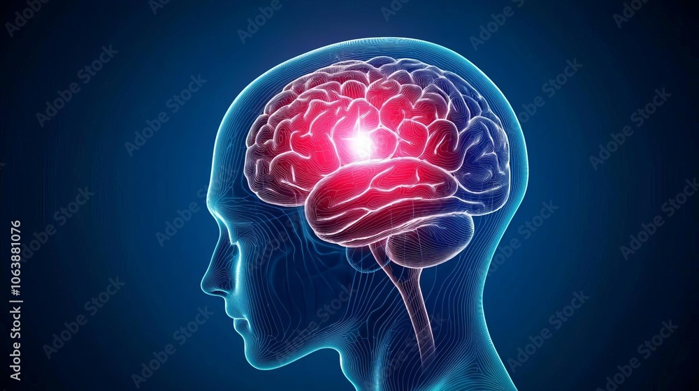 Human brain illustration with highlighted neural activity on a blue background. Human brain illustration with highlighted neural activity on a blue background.