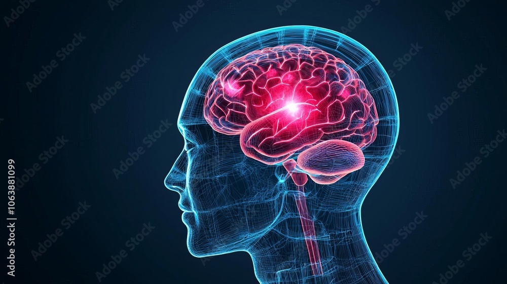 Human brain illustration with glowing highlights on a dark background. Human brain illustration with glowing highlights on a dark background.